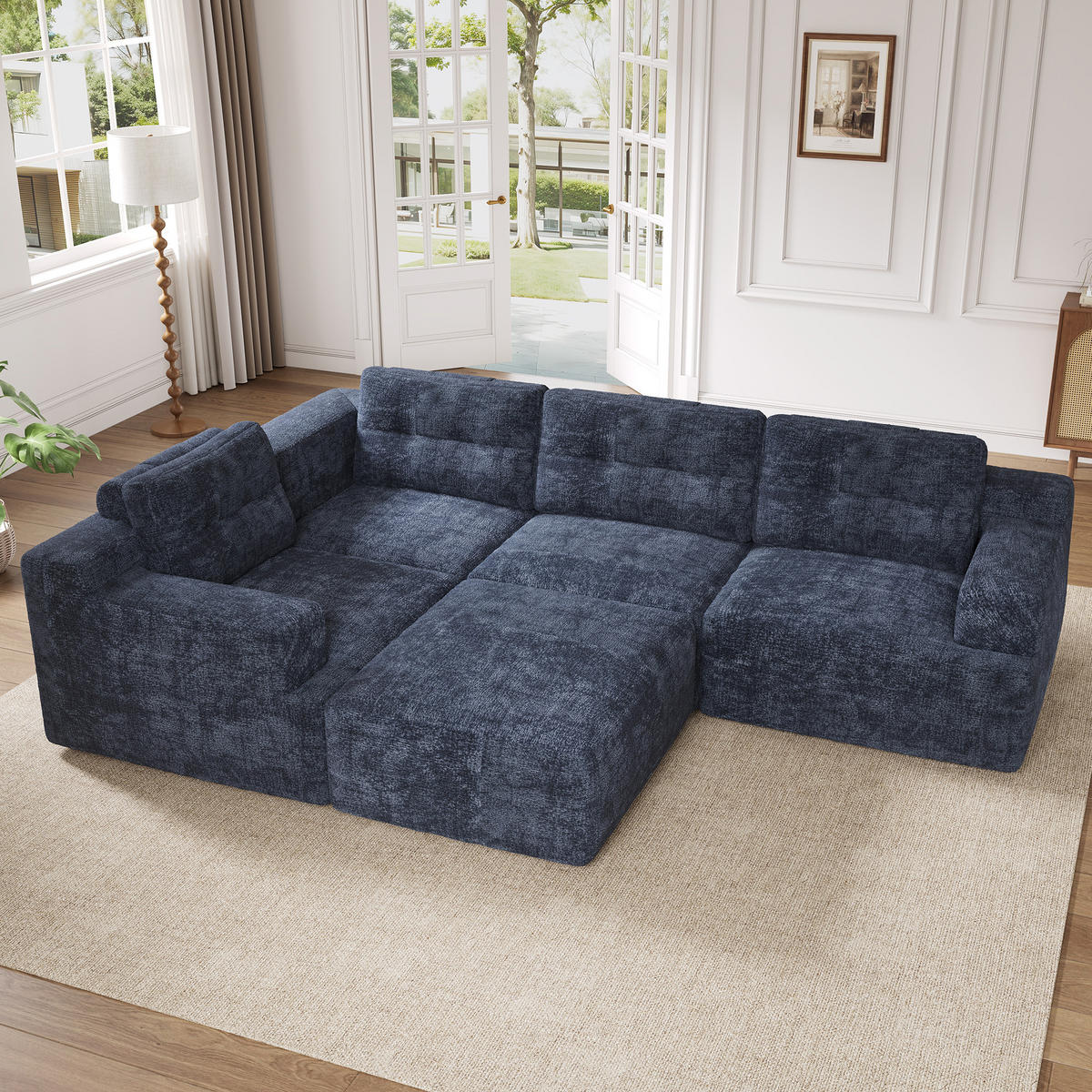 WOHNLANDSCHAFT 252/180/82 cm Blue mit 1 Fußhocker - Blau, Textil (252/82/180cm) - Oxeza