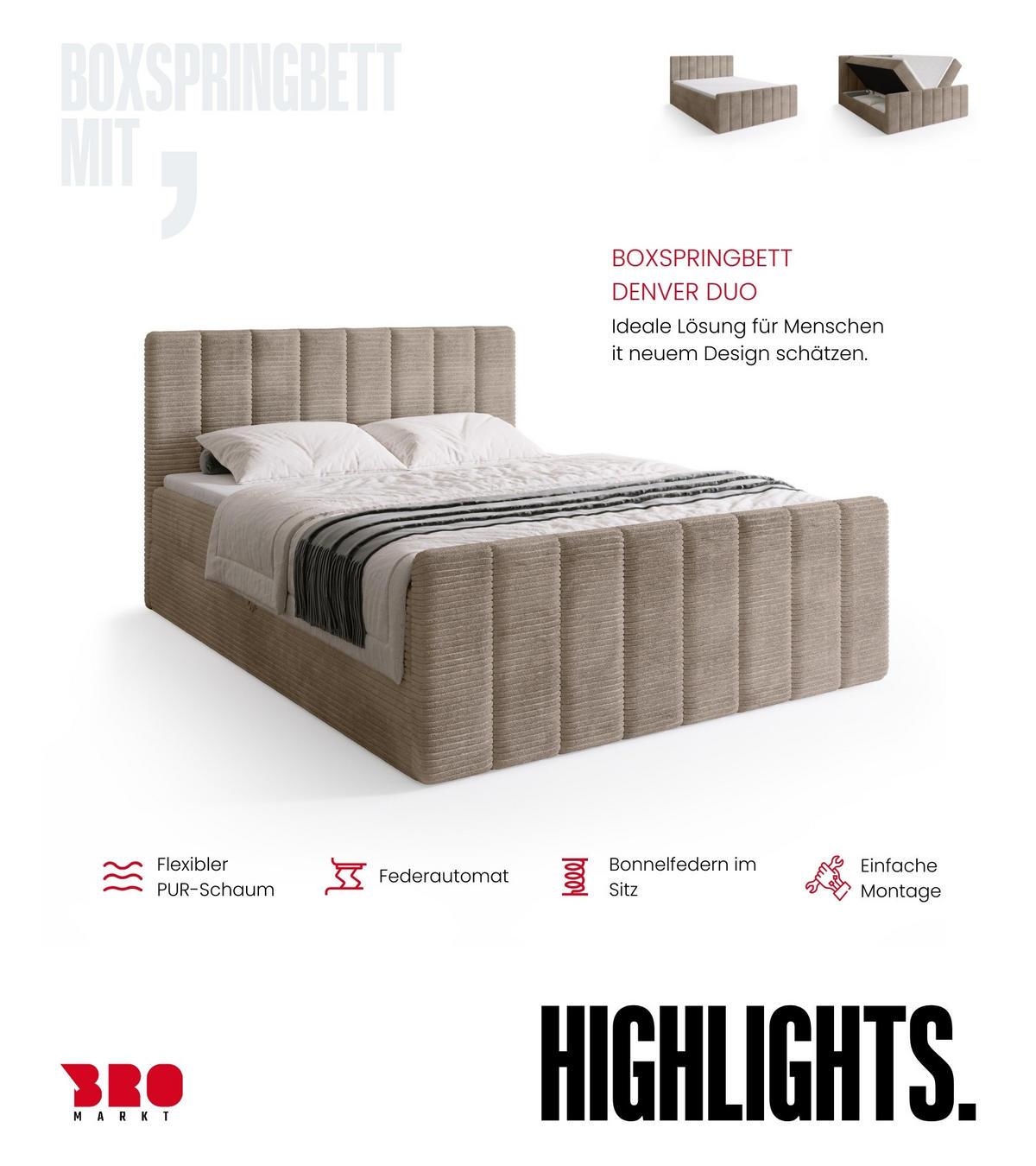 BOXSPRINGBETT Denver DUO mit Topper 140x200 Beige - Sahara, Textil (140/200cm) - Bromarkt