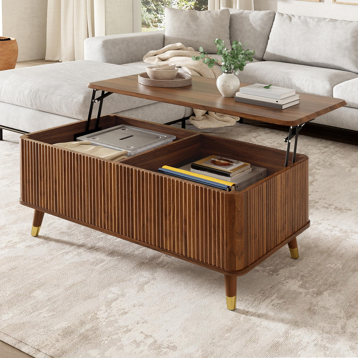 COUCHTISCH Retro Walnuss höhenverstellbar Wellen modern - Walnussfarben, Holzwerkstoff (97/52/56.5cm) - FLIEKS