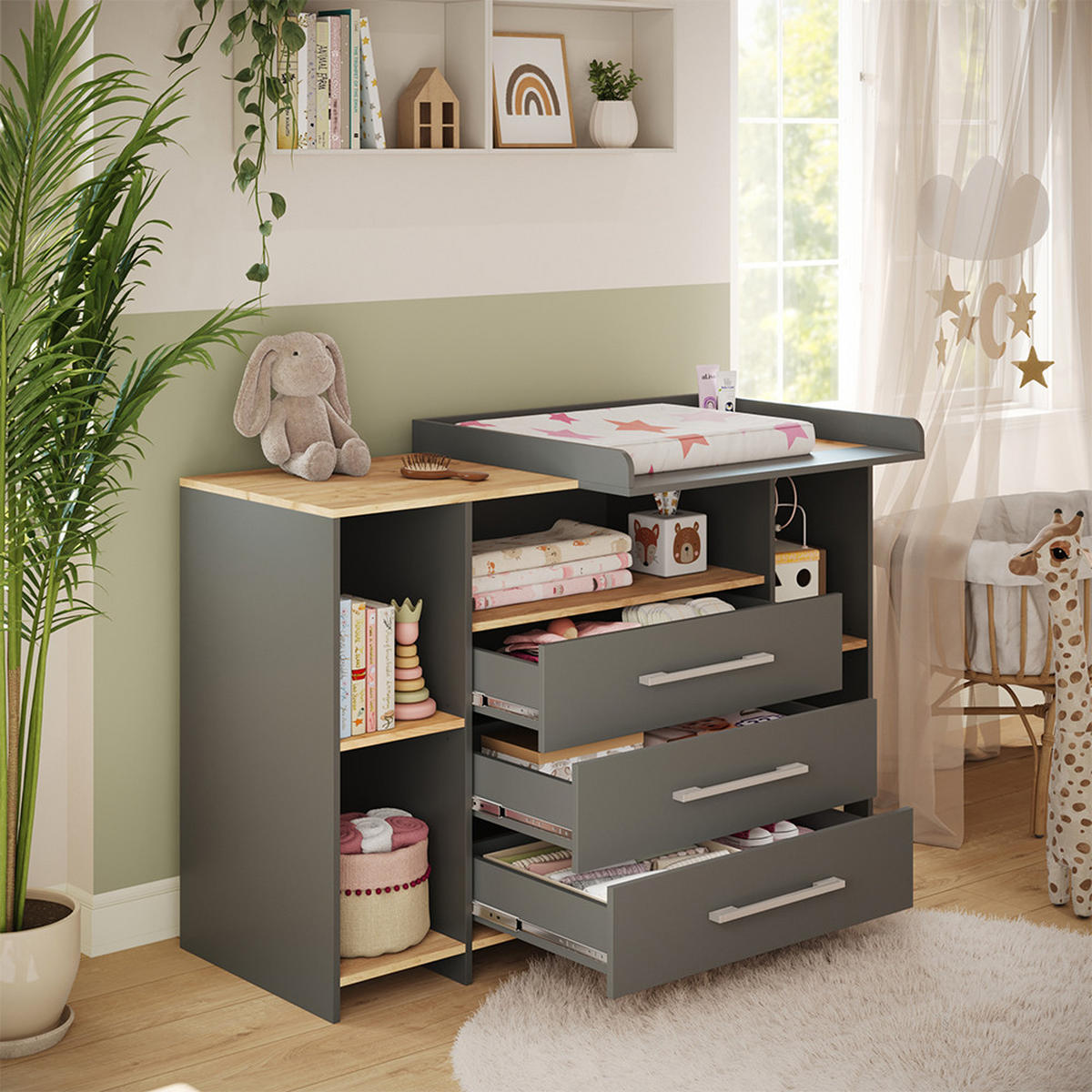 PREVIJALNA ENOTA Oskar Antracit/zlati hrast 143.2 x 93 cm s 3 predali - barve hrasta/antracit, leseni material (143.2/93/53.1cm) - Vicco
