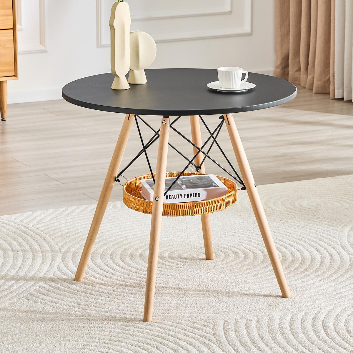 ESSTISCH in Naturfarben|Schwarz Küchentisch mit MDF-Tischplatte, Massivholzbeinen und geflochtener Ablage, B80/T80/H71.5cm - Schwarz/Naturfarben, Holzwerkstoff/Metall (80/80/71.5cm) - STILVORA