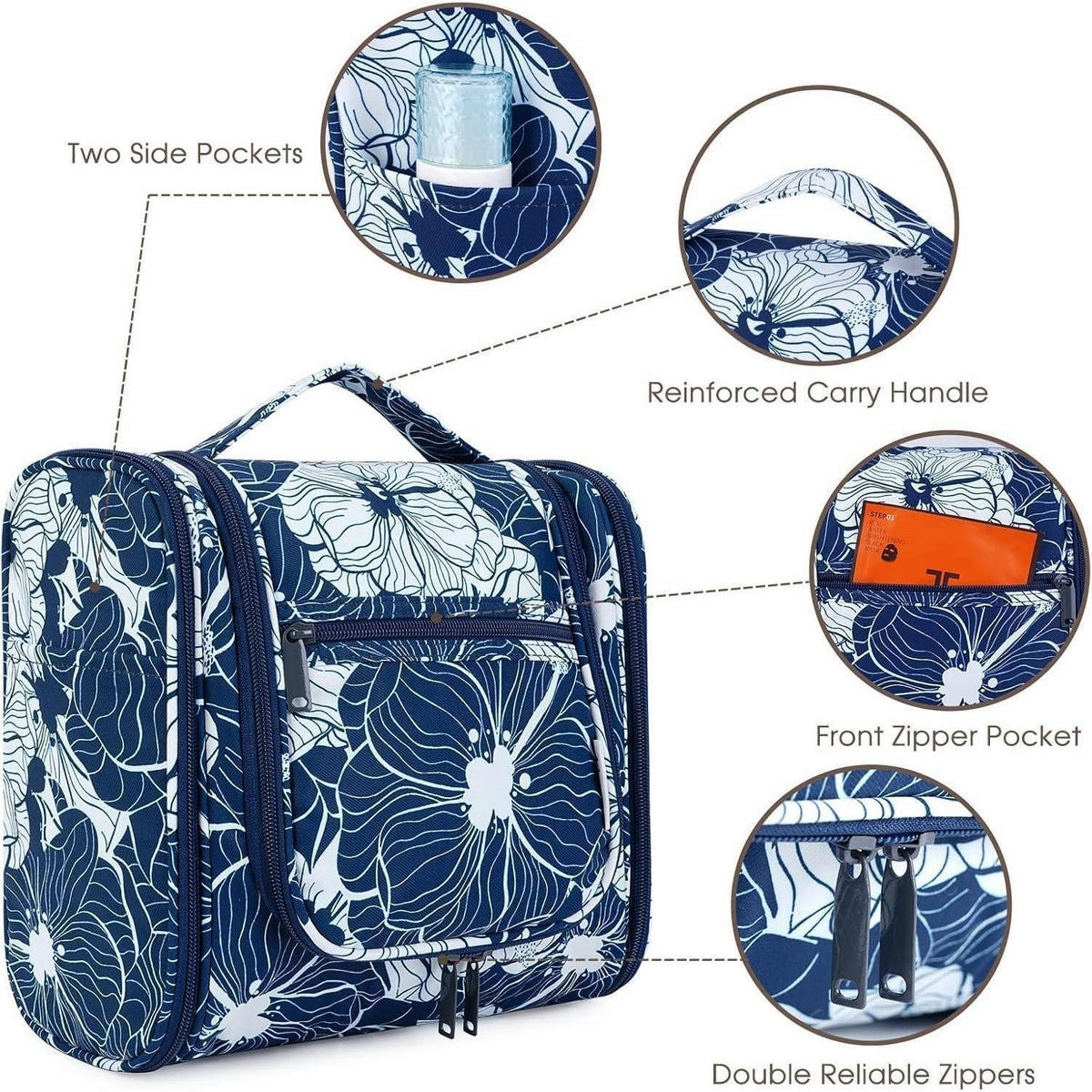 KULTURBEUTEL zum Aufhängen mit Blumenmuster 28 cm - Blau, Textil (5/1/5cm)