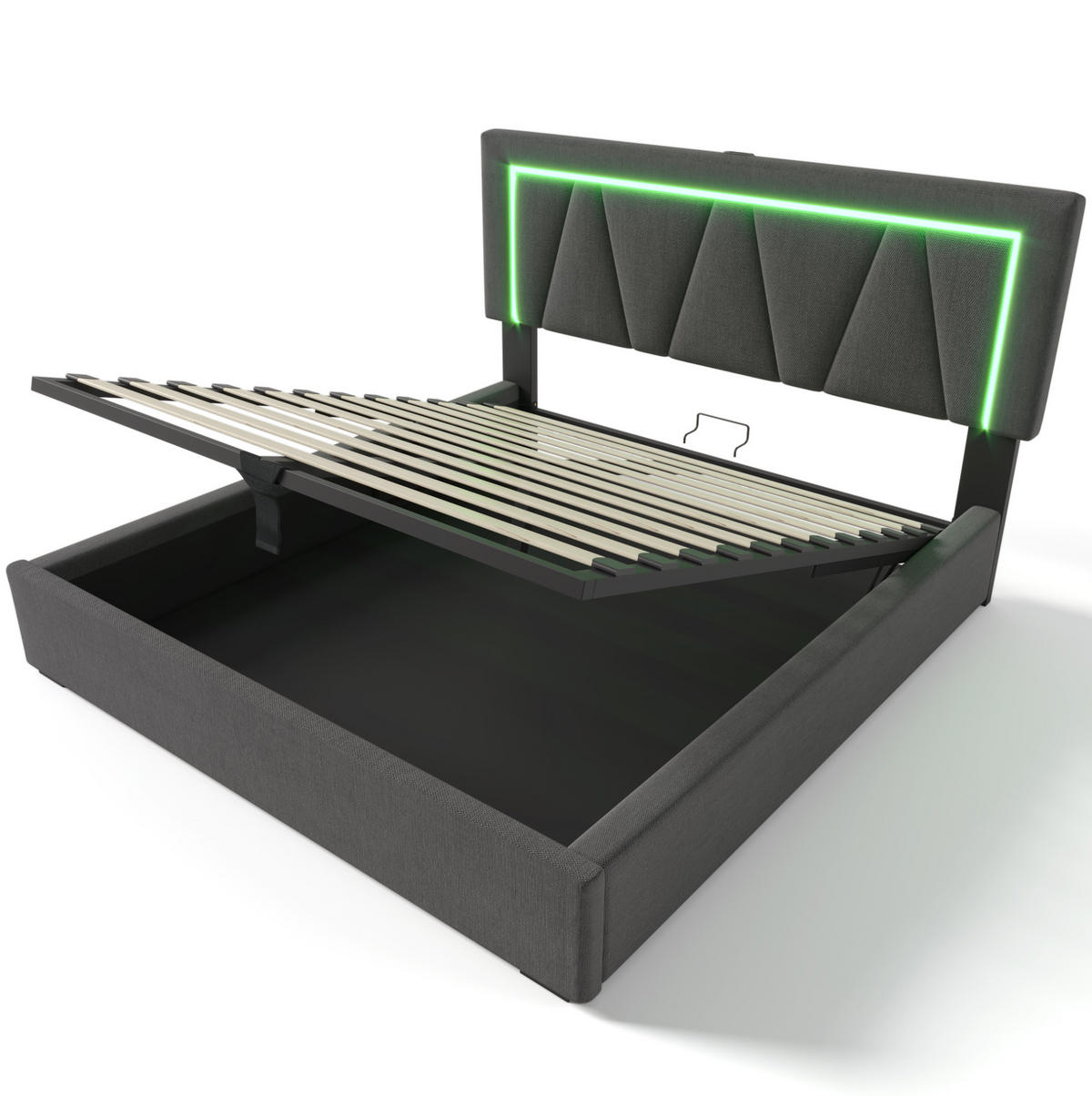 POLNJENA postelja iz lanu 160x200 cm siva z LED osvetlitvijo, USB in Type-C priključkom ter dvižnim prostorom za shranjevanje - siva, tekstil (160/200cm) - Modfu