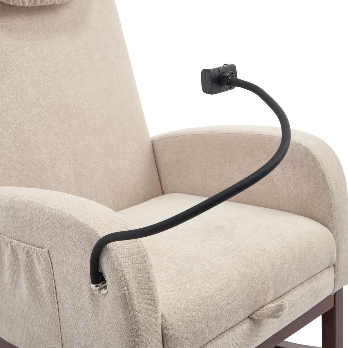 SCHAUKELSTUHL,LEINENSTOFF, Hohe Rückenlehne und Kopfstütze, ausziehbare Fußstütze/Handyhalterung – Beige - Beige, Holz/Textil (88/99/65cm) - KOMHTOM