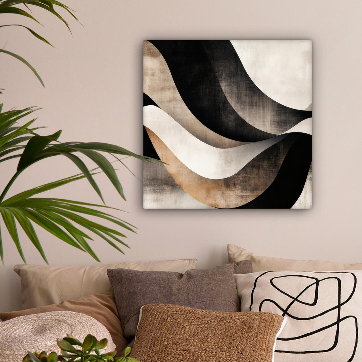 LEINWANDBILD Abstrakt - Wellen - Schwarz - Verwittert Wandbild Wohnzimmer 50x50 cm - Trüffeleichefarben, Textil (50/50cm) - MuchoWow