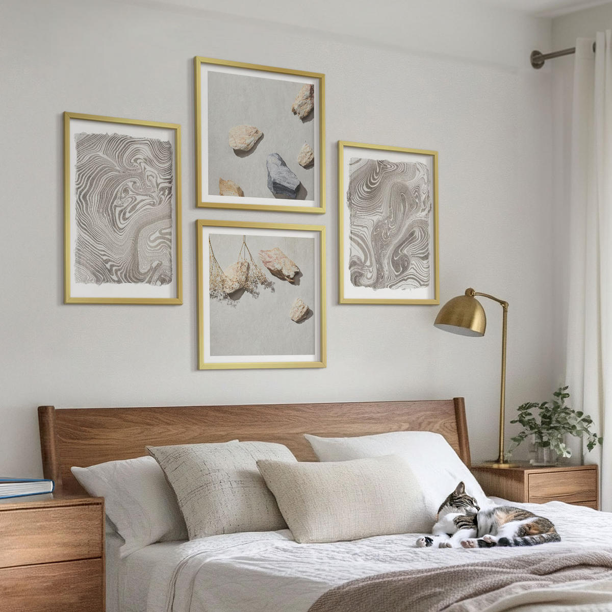 WANDBILDER 4er Set - 50x50 cm & 40x60 cm Goldrahmen - Moderne abstrakte Formen - Goldfarben, Kunststoff (50/50cm) - ArtPrintCave