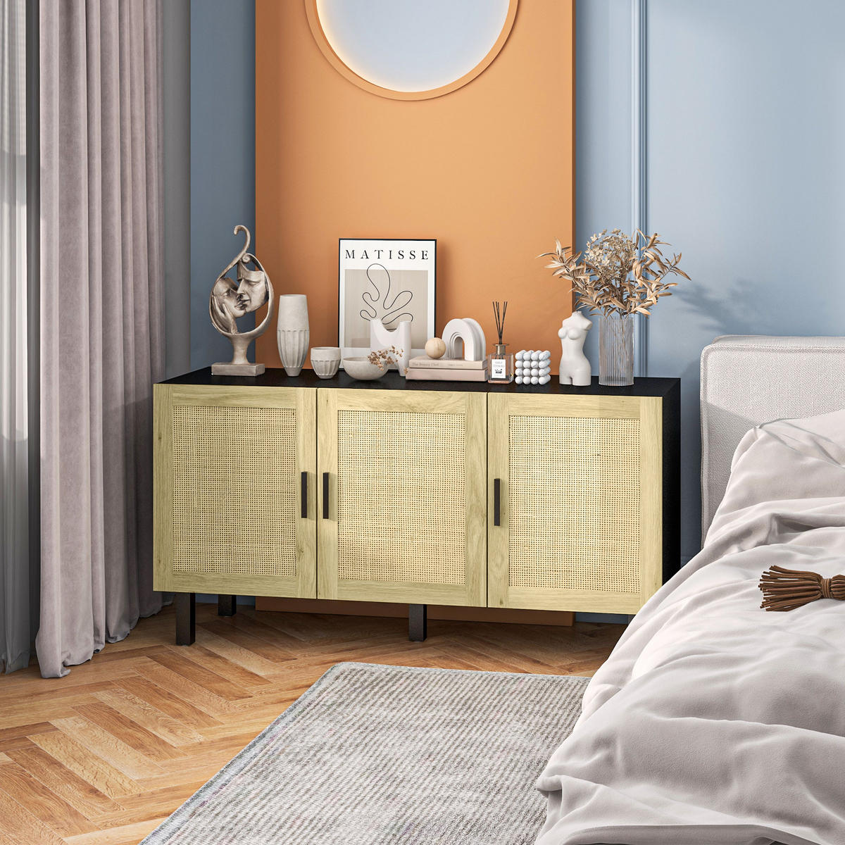 SIDEBOARD DE-11149 3 Korb-Türen Schwarz/Naturholz - Schwarz, Holzwerkstoff (136/70/41cm) - ComfortXL