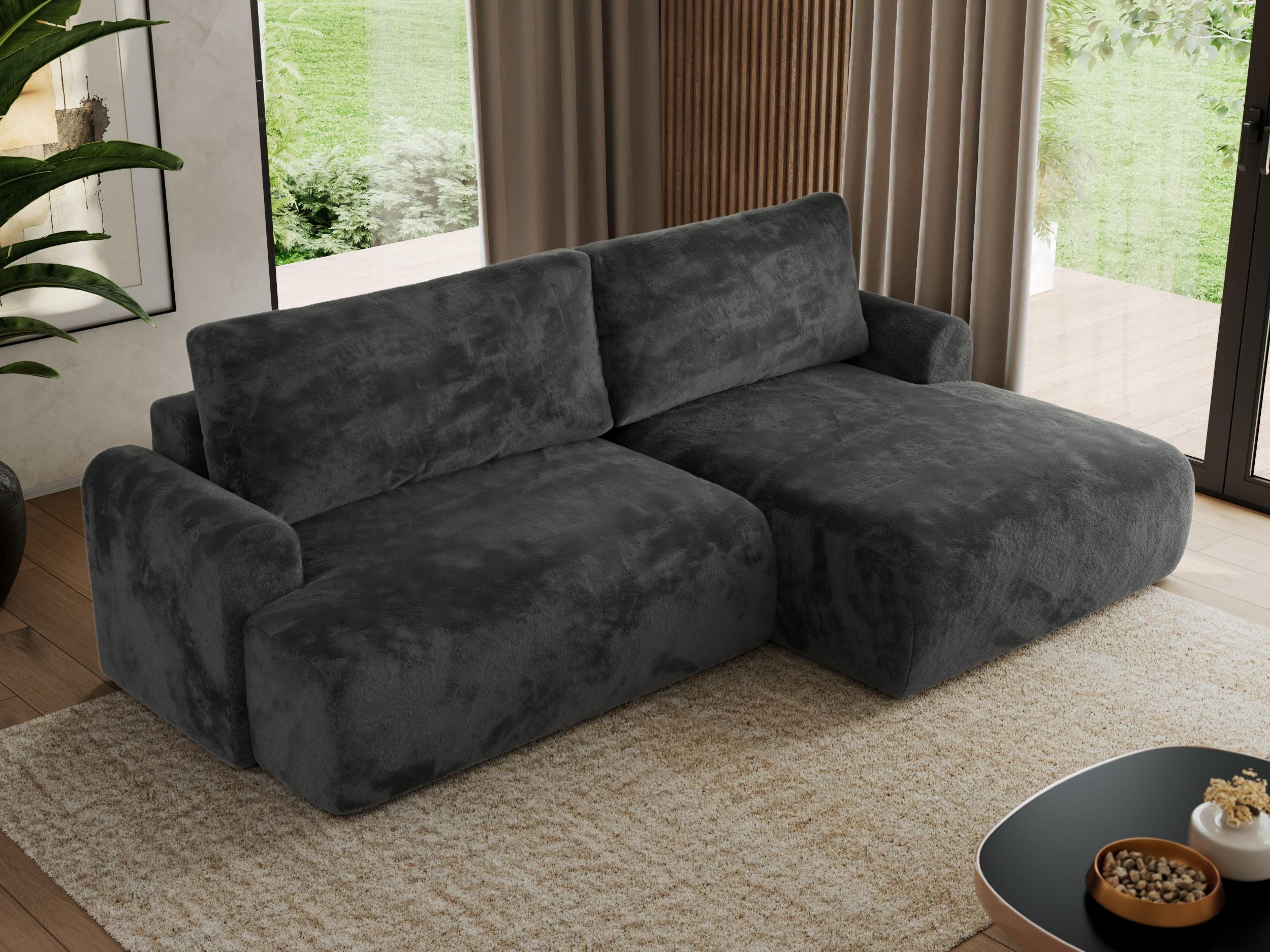 ECKSCHLAFSOFA TONO L Dunkelgrau Plüsch - rechts - Dunkelgrau/Schwarz, Kunststoff/Textil (150/260cm) - MKS