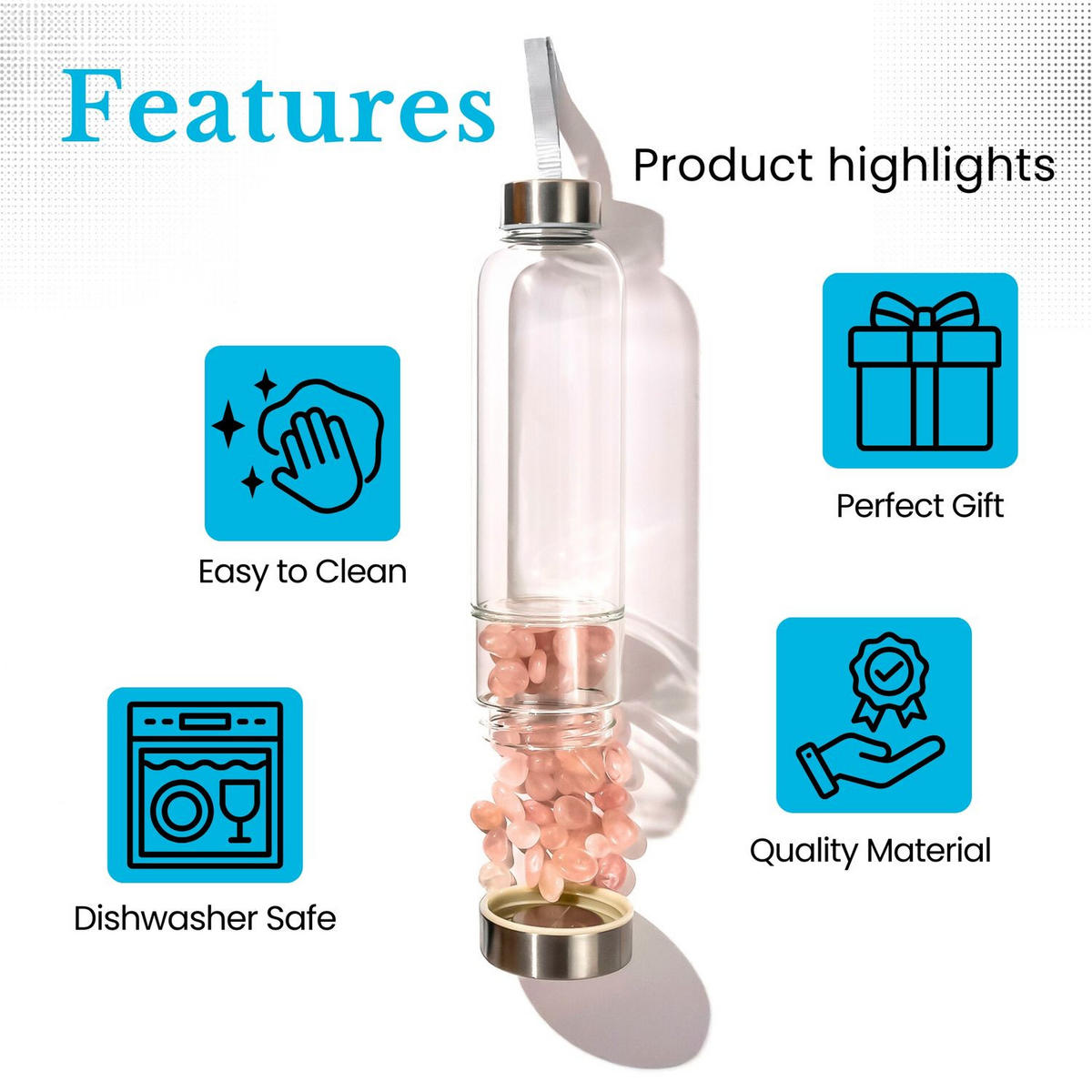 WASSERFLASCHE mit Heilsteinen und Tasche 400ml - Rosa, Glas (0.4L) - Intirilife