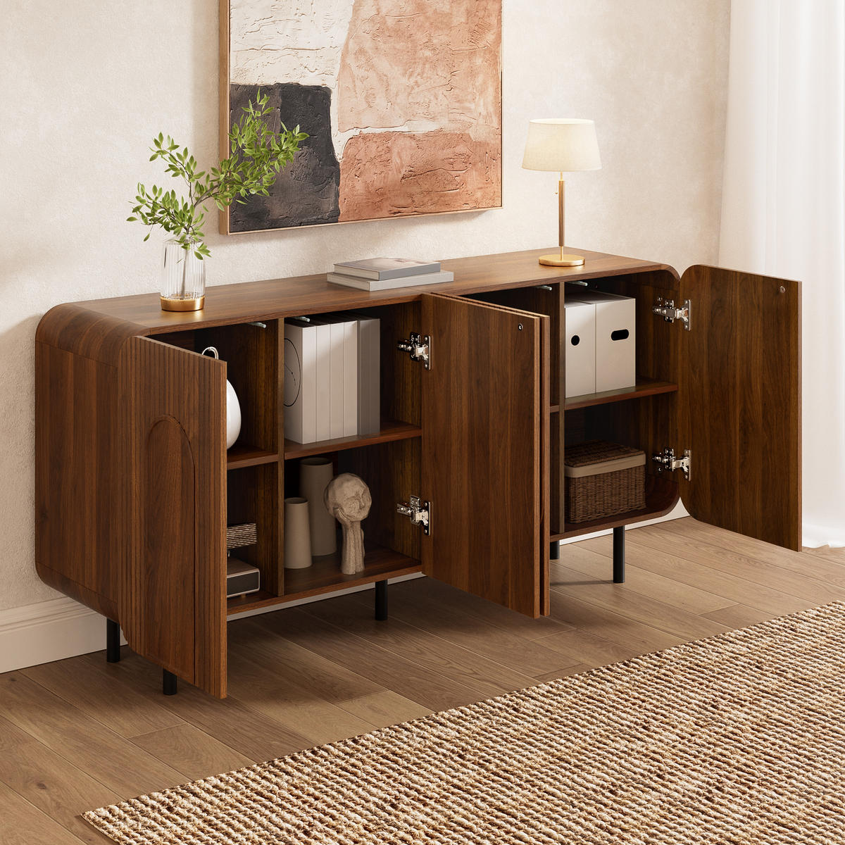 NIZKA OMARICA Komoda Mid-Century s 4 vrati, 8 predali, nastavljivimi policami, MDF in iverno ploščo - rjava, leseni material (160/79/40cm) - EVRYAE