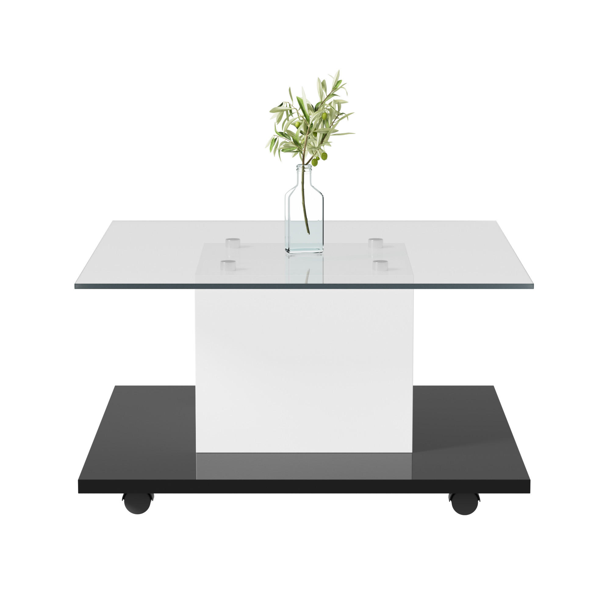 STILVORA KONFERENČNÍ STŮL v bílé a černé barvě s lesklým sklem a otočnými kolečky, 80×80×40 cm