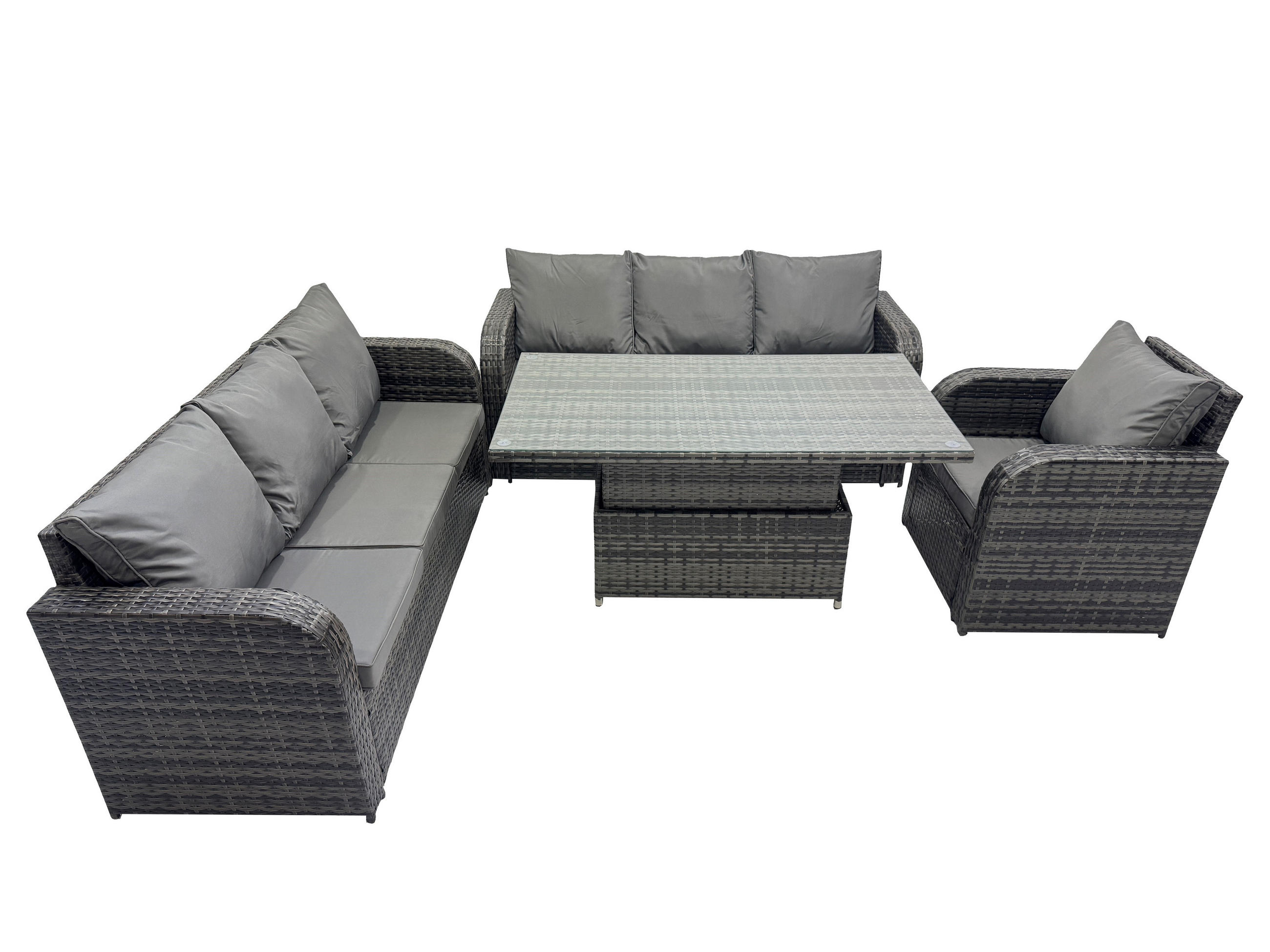 GARTENMÖBELSET mit Höhenverstellbarer Esstisch,Beistelltisch 7-Sitzer Grau - Dunkelgrau/Grau, Glas/Kunststoff - Fimous