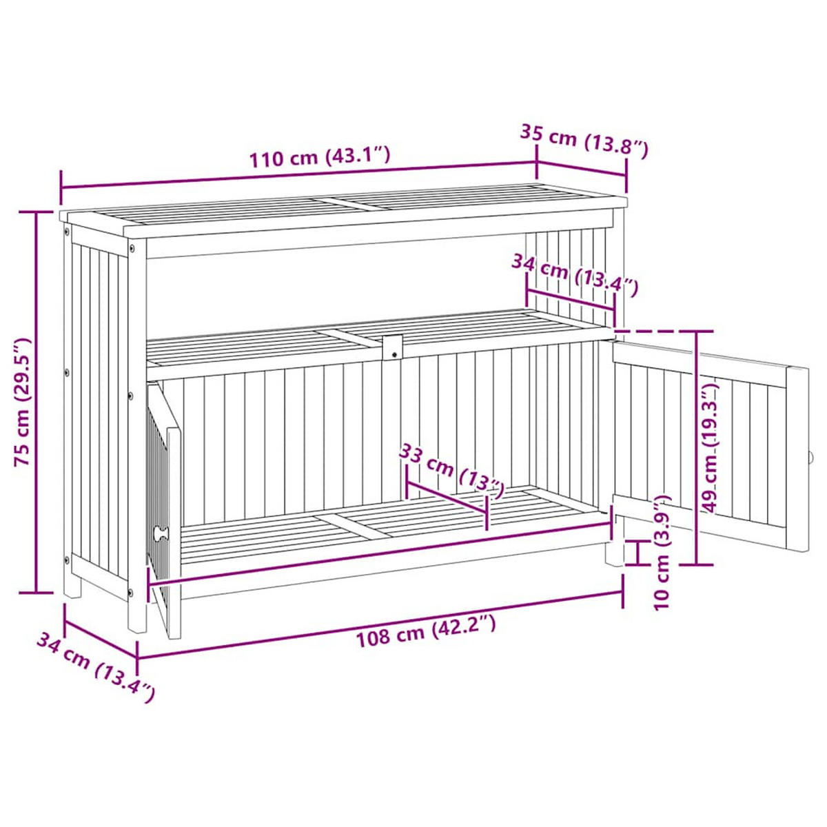 GARTENSCHRANK mit offene Fächer und 2 Türen, 110/35/75 cm, aus Massivholz Akazie - Braun, Holz (110/75/35cm) - vidaXL