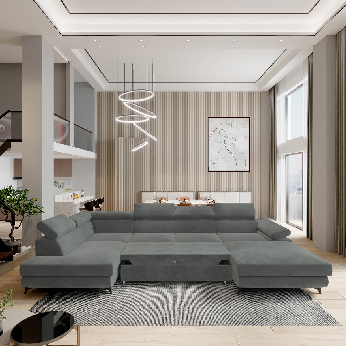 WOHNLANDSCHAFT RUBANO L-S Grau Velours-Stoff mit Schlaffunktion - Grau, Holz (339/89/190cm) - MASSENO