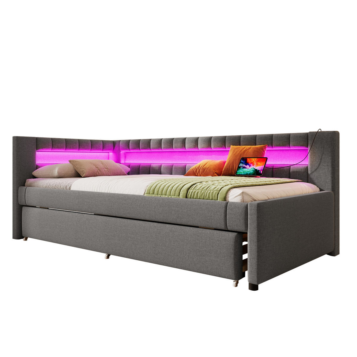 DAYBETT 90x200 cm LED USB Ausziehbett grau - Grau, Textil (90/200cm) - LEBENLANG