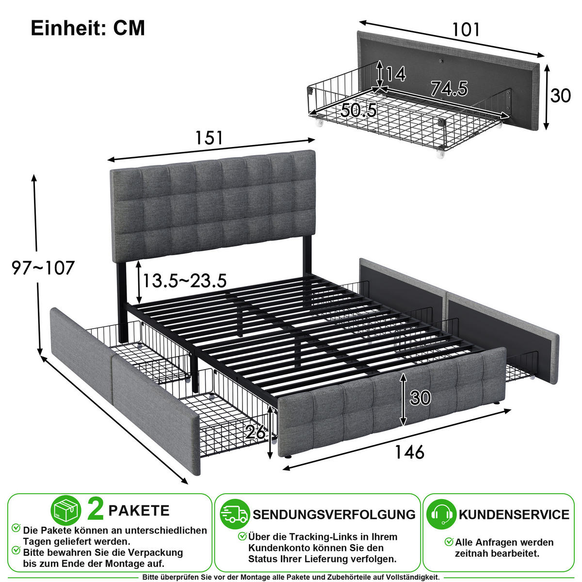 POLSTERBETT 140/200 cm in Grau mit 4 Schubladen und Verstellbarem Kopfteil Leinen - Grau, Holzwerkstoff/Textil (140/200cm) - CHICFURN