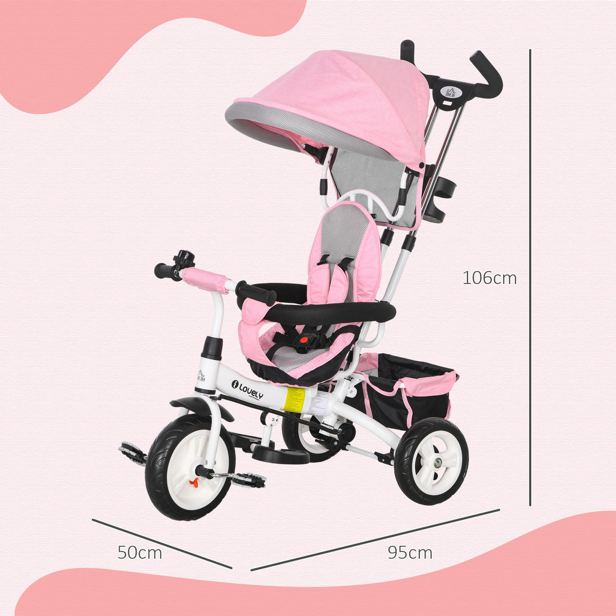 6-IN-1 Dreirad mit Schubstange, Kinderdreirad mit abnehmbarem Sonnendach Rosa - Rosa, Metall (95/50/106cm) - HOMCOM