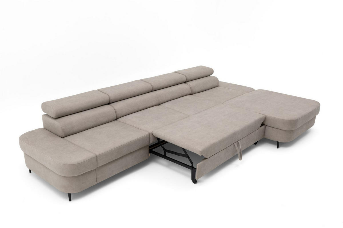 ECKSOFA JAZZ MAXI Rechts mit Schlaffunktion 125x195 Velours Beige - Beige/Schwarz, Holz/Textil (203/350cm) - Muffo