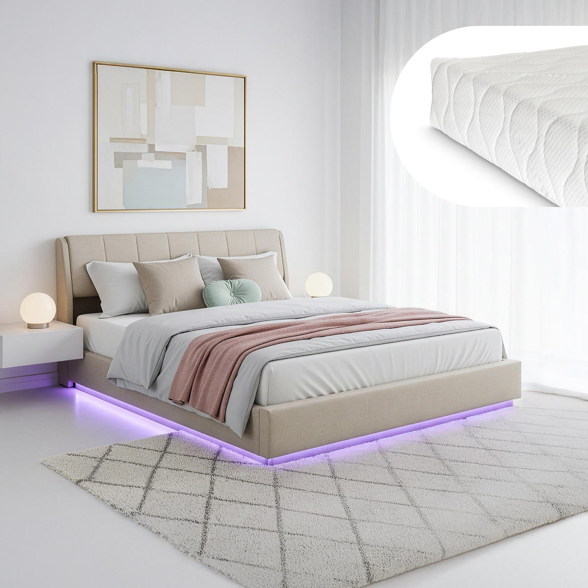 LED POLSTERBETT Tröstiar mit Matratze - Beige, Holzwerkstoff/Kunststoff (180/200cm) - [en.casa]