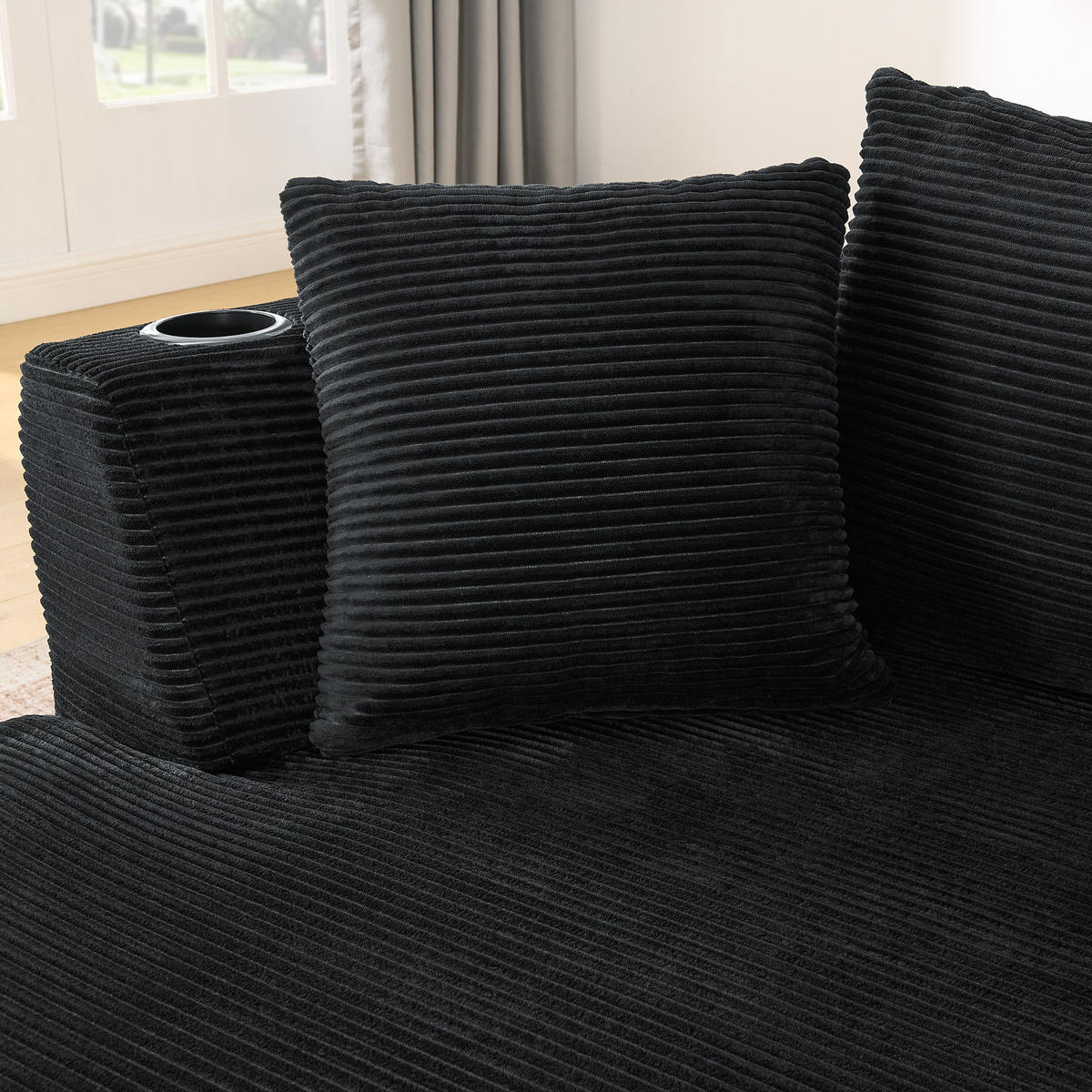 3-SITZER ECKSOFA Cord Schwarz mit Getränkehaltern und Kissen - Schwarz, Textil (264/168cm) - WISHDOR