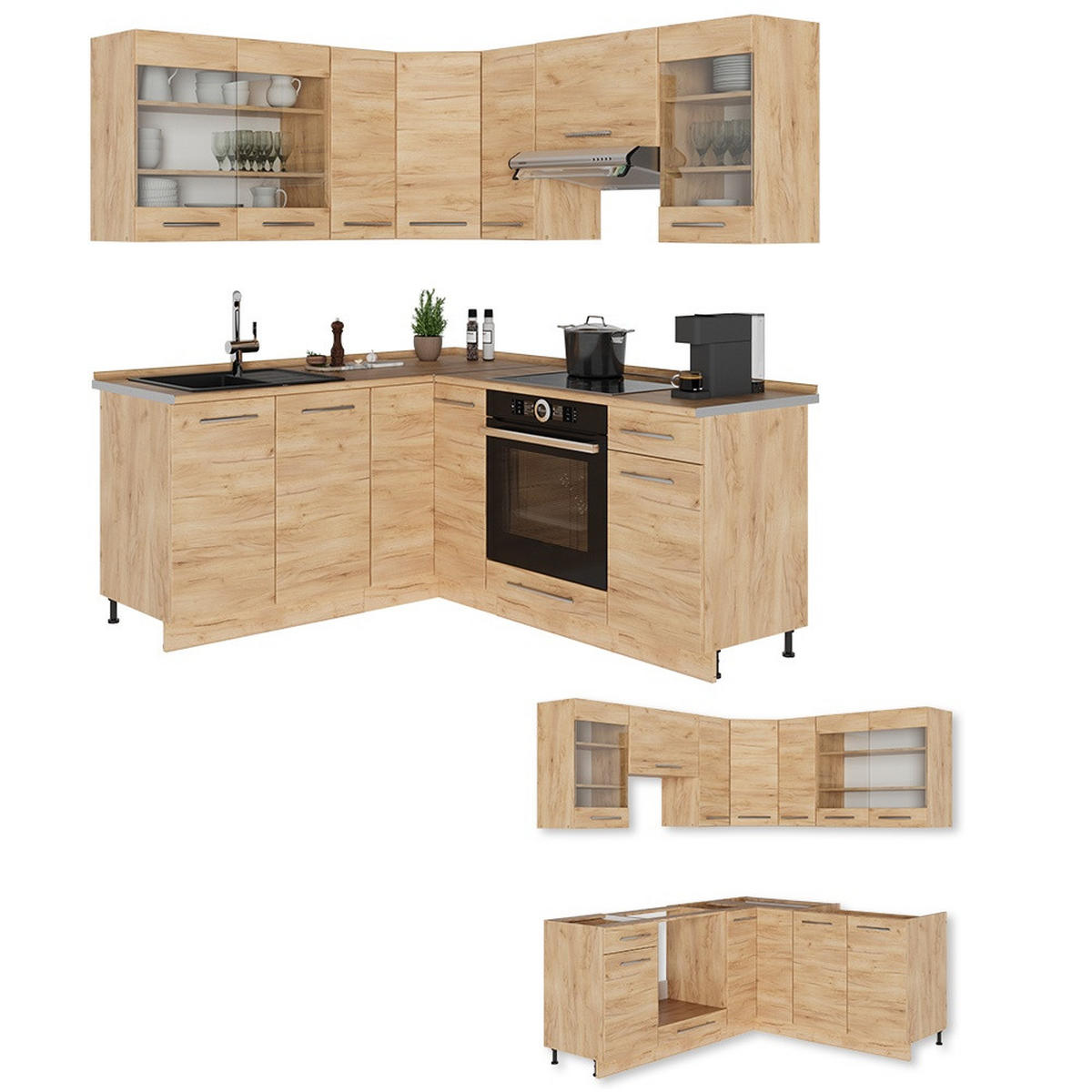 ECKKÜCHE Fame-Line, Goldkraft Eiche/Goldkraft Eiche, 190 x 160 cm, AP Marmor - Honigeiche, Holzwerkstoff (190/206.8/60cm) - Vicco
