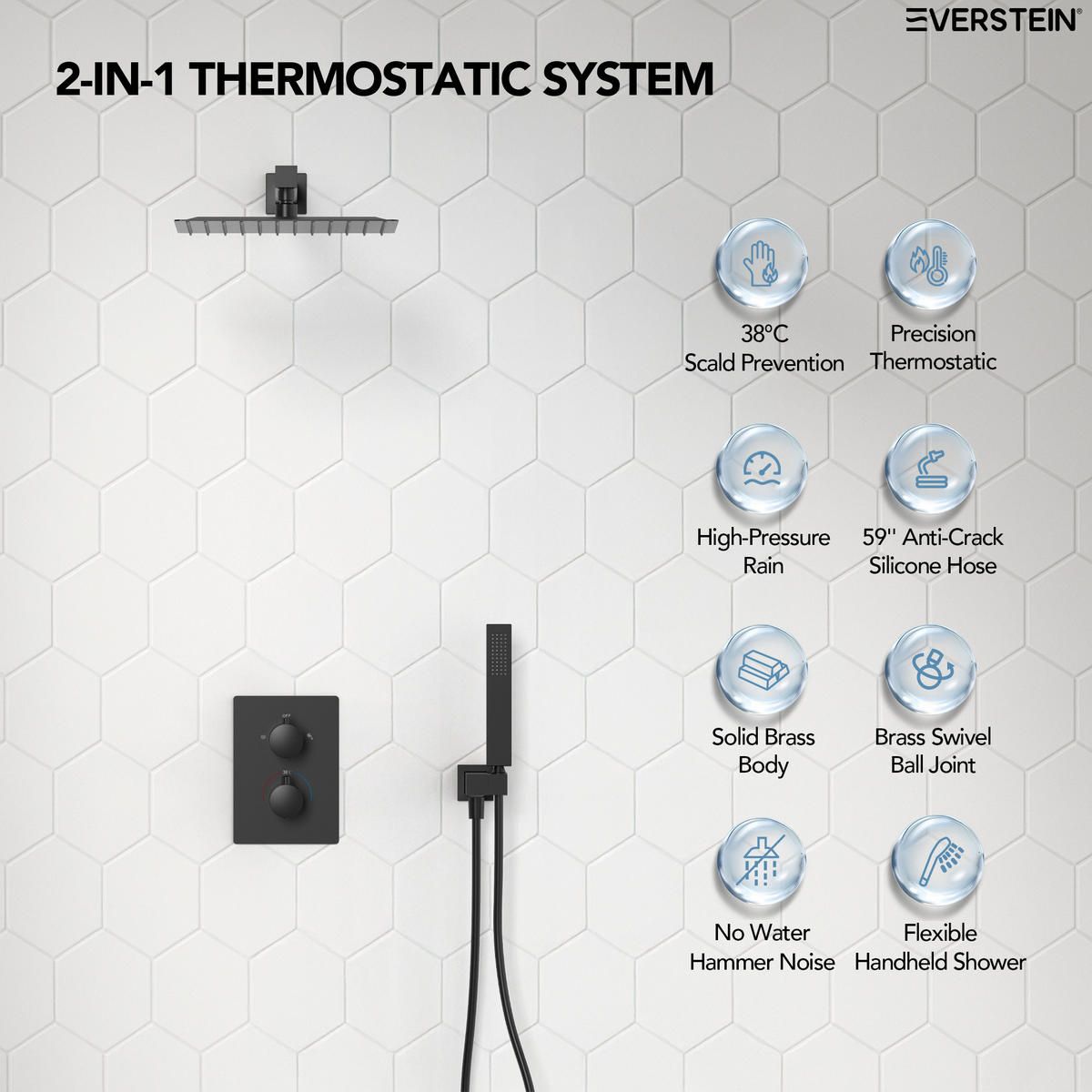 DUSCHARMATUR SFS-5010 Schwarz Matt, Unterputz, Thermostat, 300-mm-Kopfbrause, Handbrause, 400-mm-Duscharm, 1500-mm-Schlauch - Schwarz, Metall (30/21/40cm) - Everstein