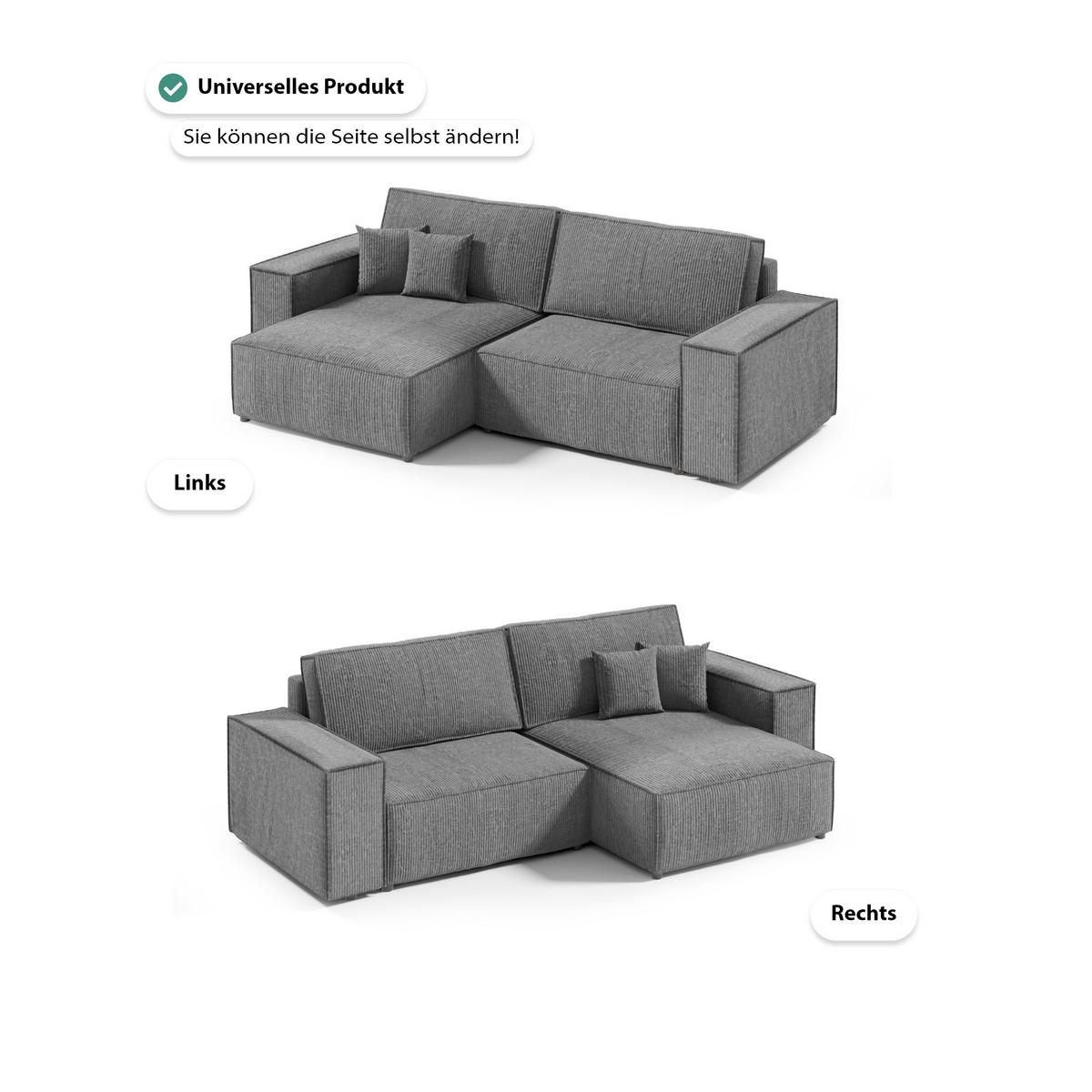 ECKSOFA Schlaffunktion Bento mini Dunkelgrau (Poso 60) - Dunkelgrau, Textil (148/257cm) - Meblito