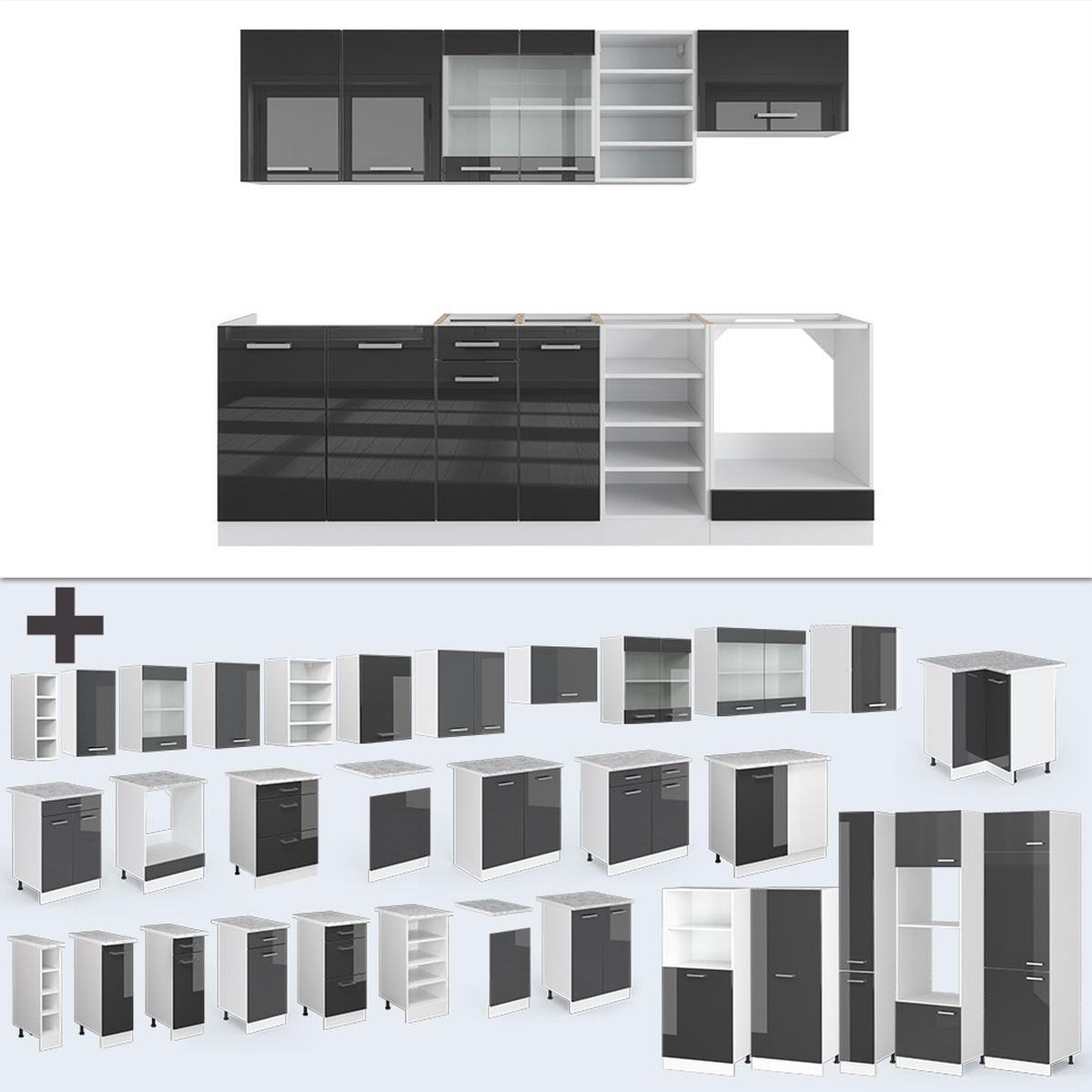 KÜCHENZEILE R-Line Anthrazit Hochglanz/Weiß 240 cm, AP Marmor - Anthrazit/Weiß, Holzwerkstoff (240/81.6/60cm) - Vicco