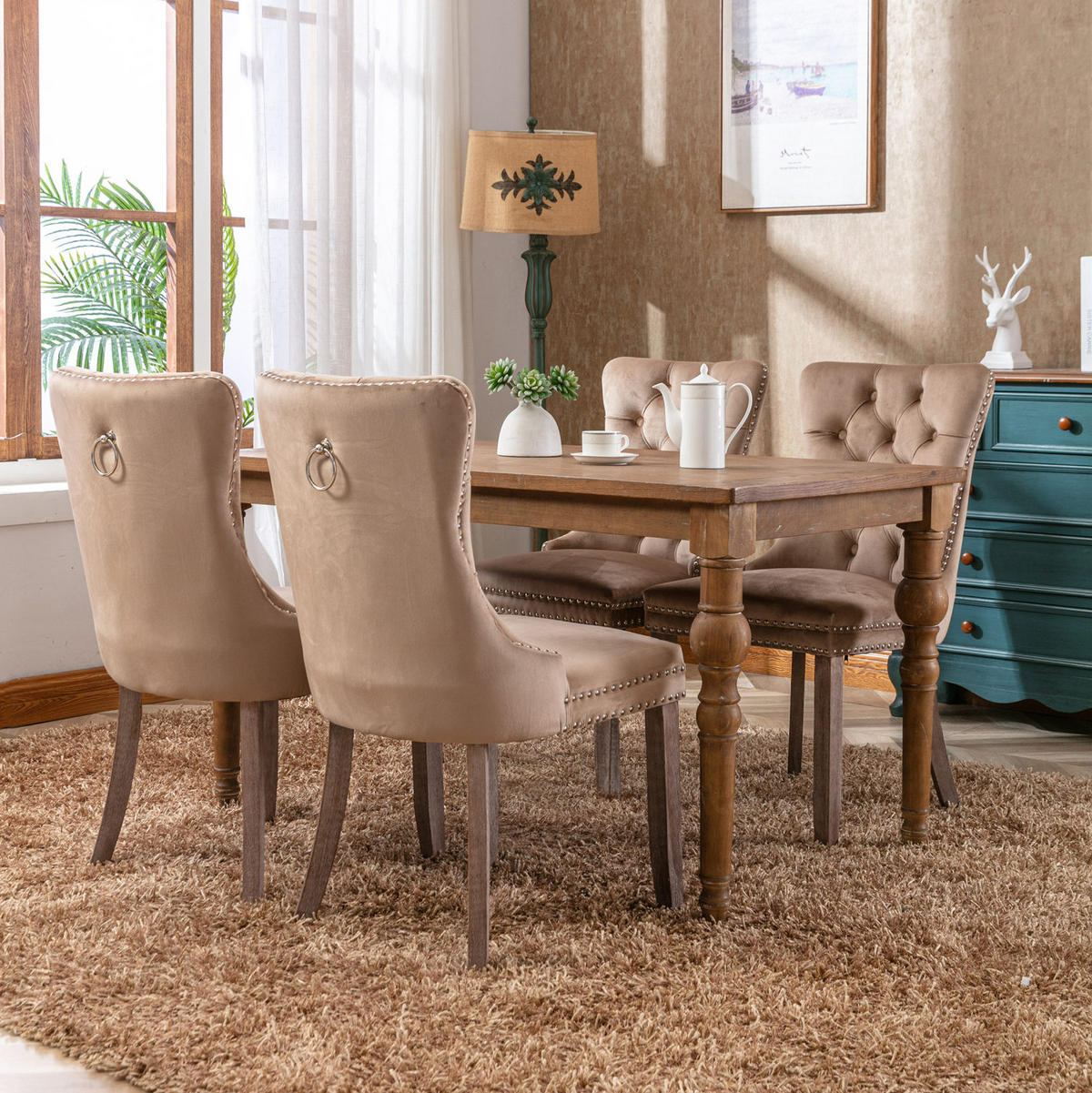 ESSZIMMERSTUHL Samt mit hoher Rückenlehne Massivholzgestell Khaki 2er-Set - Braun, Holz (50/95/65cm) - Meubliv