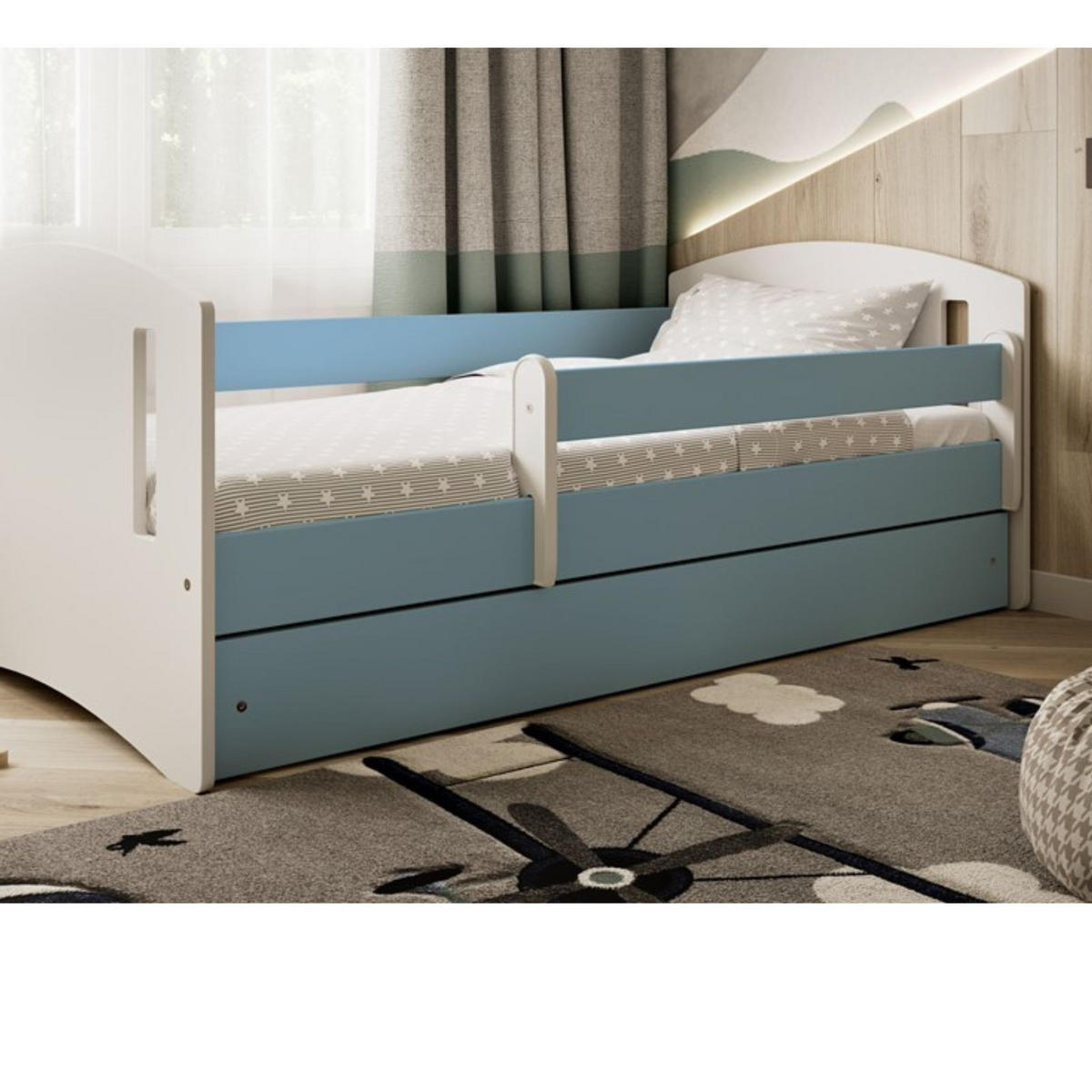 KINDERBETT CLASSIC II mit Schublade und Matratze 90/65/184 - Blau, Holzwerkstoff (80/180cm) - RAUMHIRSCH FURNITURE