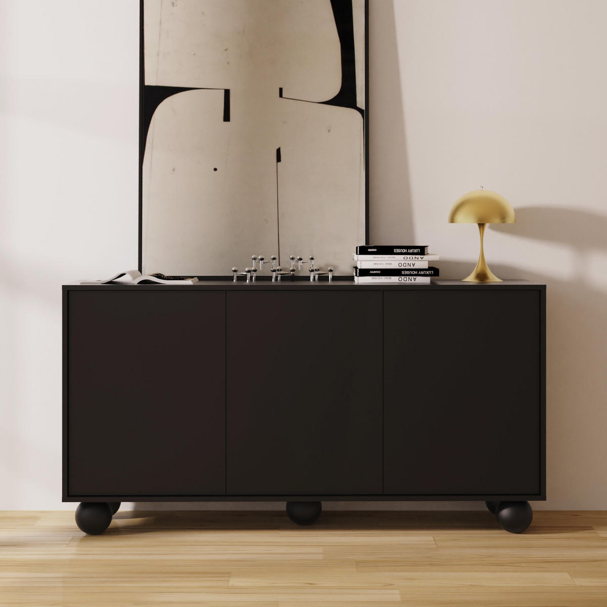 KOMODA Adel se 3 dvířky a kulatými nožkami, 154 cm, bezúchytková, černá - černá, kompozitní dřevo (154/81/38cm) - Beautysofa