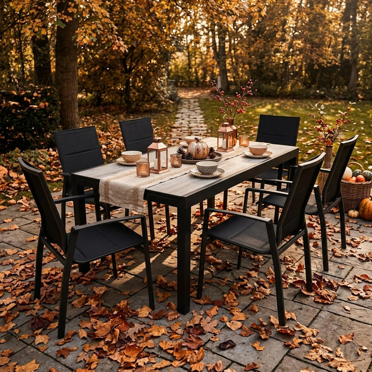 GARTEN-GARNITUR Ashford - 7-teilige Garten-Essgruppe (6x Stapelsessel mit Armlehnen, 1x Ausziehtisch 180/240x100cm), Gestell Aluminium - Schwarz, Metall - TPFGarden