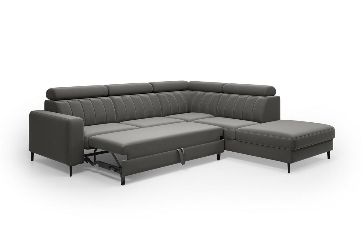 ECKSOFA Wohl rechts – Grau, mit Schlaffunktion, Bettkasten und verstellbaren Kopfstützen - Grau, Textil (278/263cm)