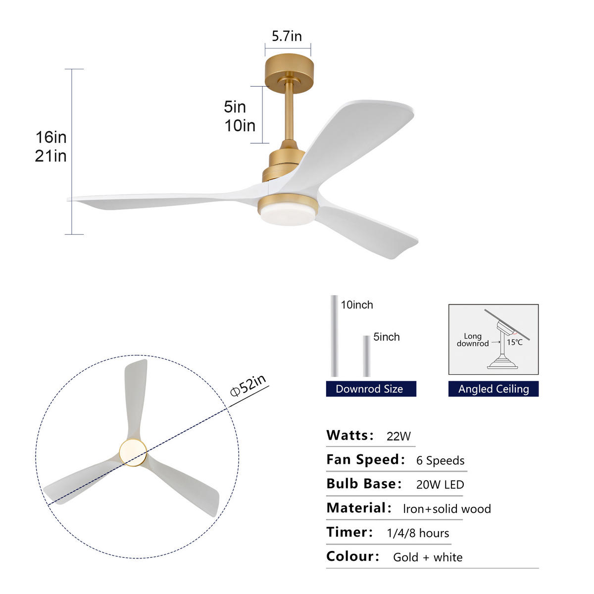 DECKENVENTILATOR DE-16253 52 Zoll mit Massivholzflügeln & Fernbedienung Weiß-Gold - Weiß, Holz/Metall (132/132/40cm) - ComfortXL