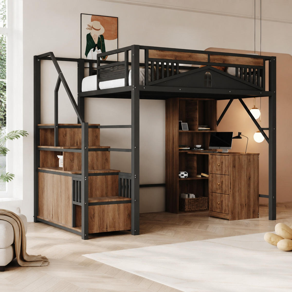 HOCHBETT 140/200 mit Stauraumtreppe, Schrank und Fenstergeländer in Schwarz - Schwarz, Holz/Metall (140/200cm) - EVRYAE