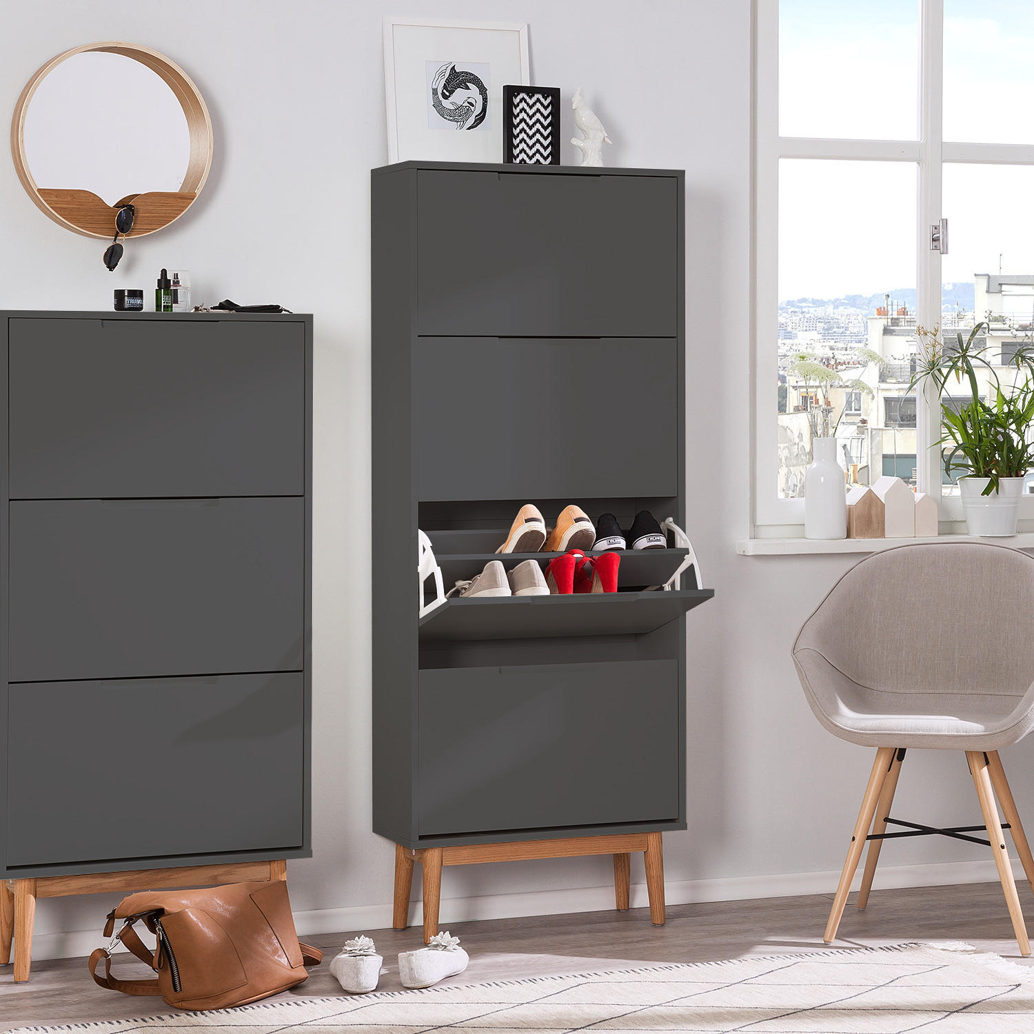 SCHUHKIPPER - Eichefarben/Grau, Holzwerkstoff (63/162/24cm) - home24