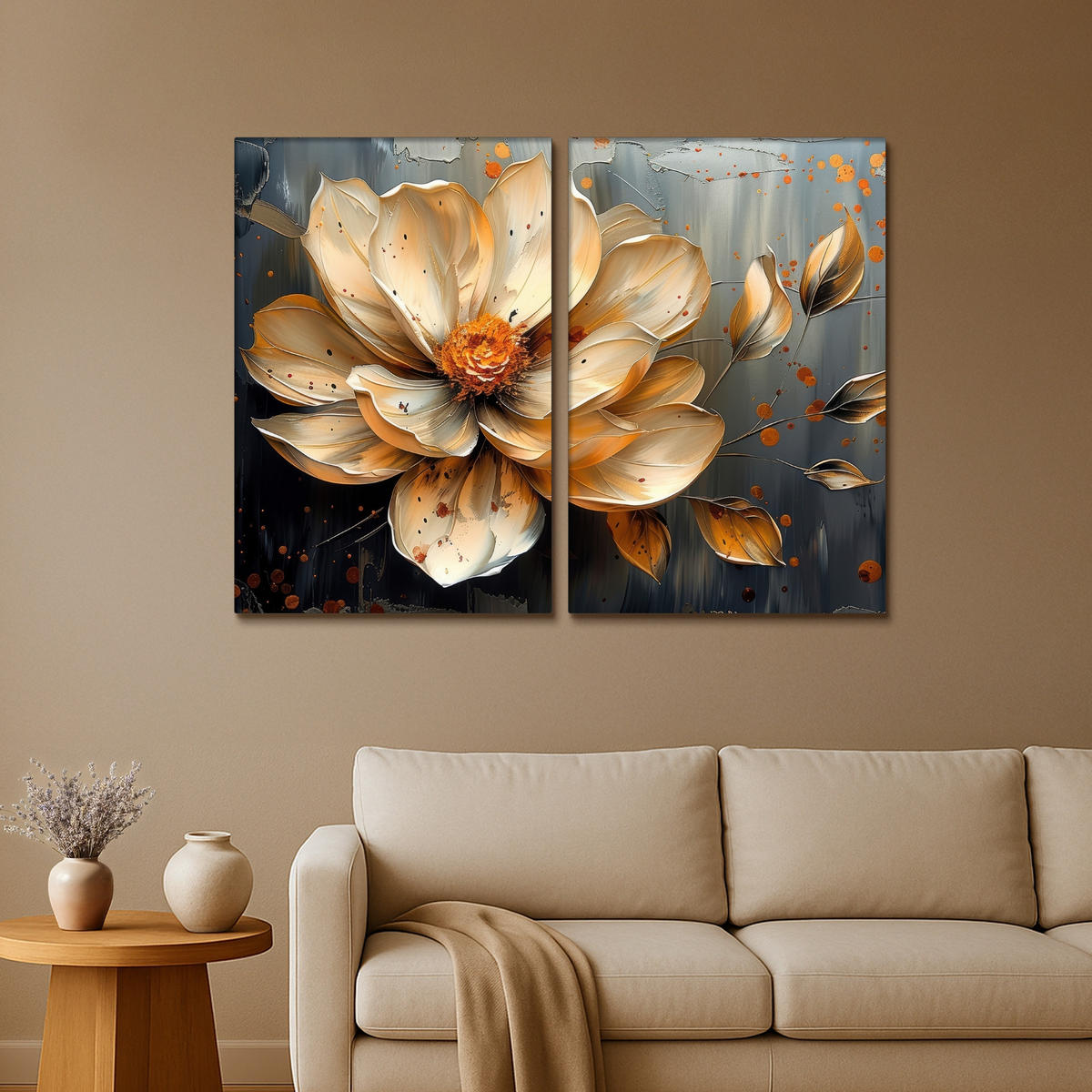 LEINWANDBILD 2er Set Blume - Gold - Abstrakt - Farbe 160x120 cm - Creme, Textil (160/120cm) - MuchoWow