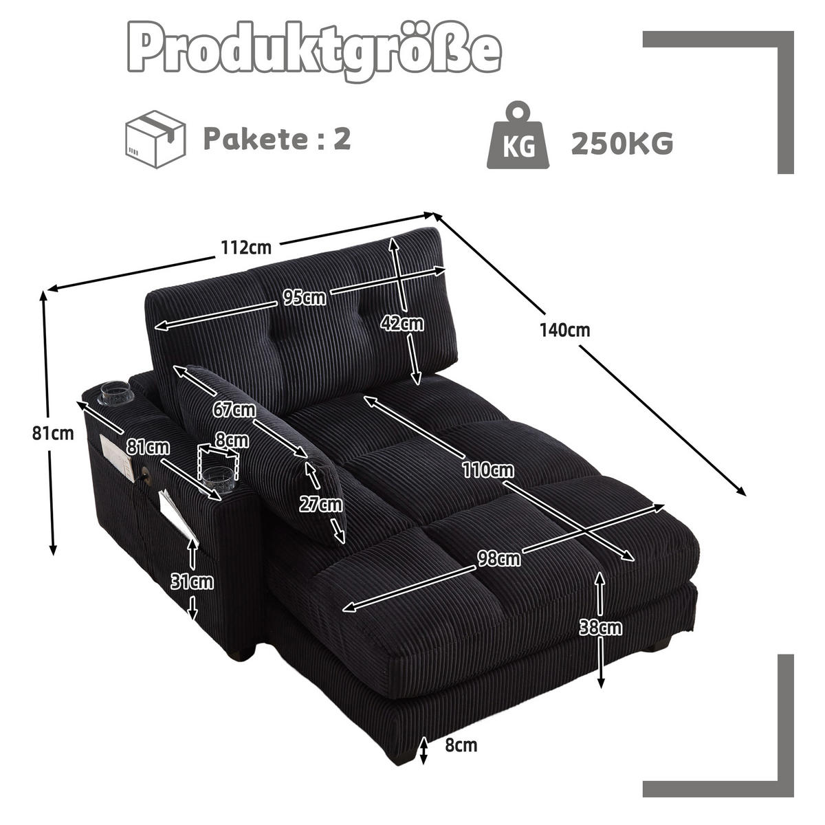 RÉCAMIERE Cord Schwarz mit Getränkehaltern, USB und Seitentasche - Schwarz, Holzwerkstoff/Kunststoff (140/81/121cm) - WISHDOR