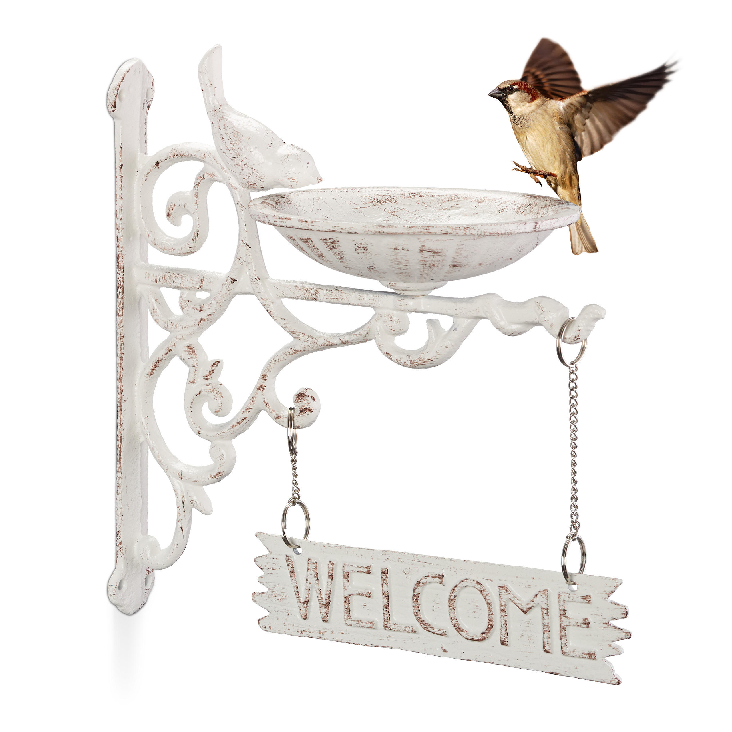 VOGELTRÄNKE Welcome - Weiß, Metall (22.5/25/13.5cm) - Relaxdays