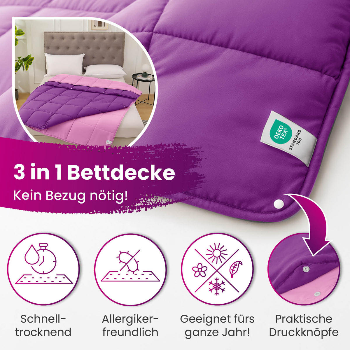 4-JAHRESZEITEN Steppbett Bi-Color im Wende-Design lila 135x200 - Lila, Textil (135/200cm) - wometo