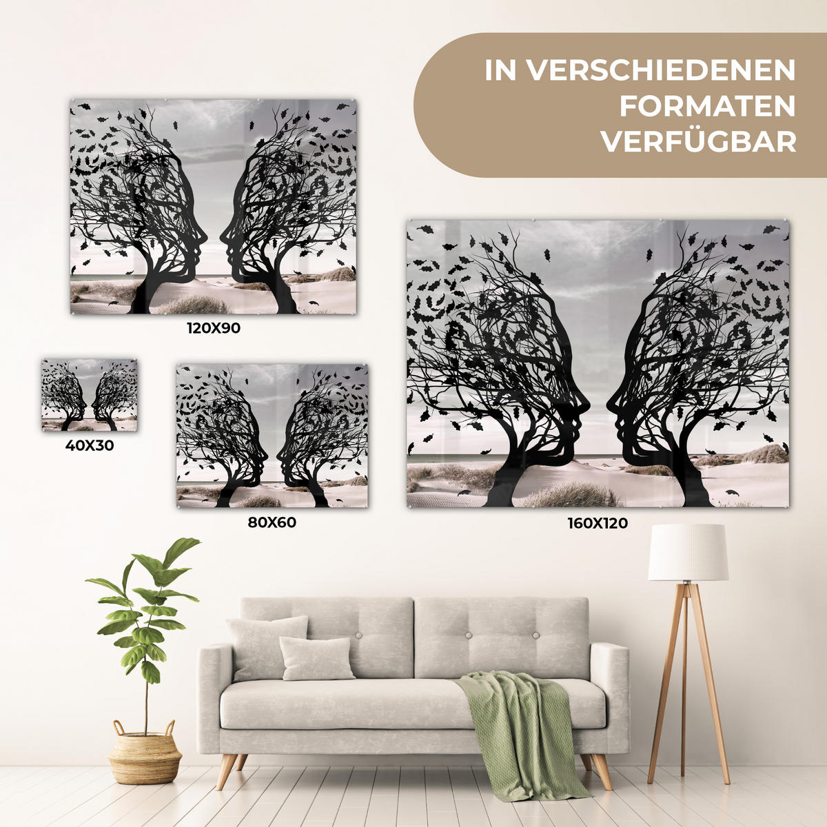 ACRYLGLASBILD Strand - Meer - Menschen - Baum - Moderne Kunst 80x60 cm - Hellgrau, Glas (80/60cm) - MuchoWow