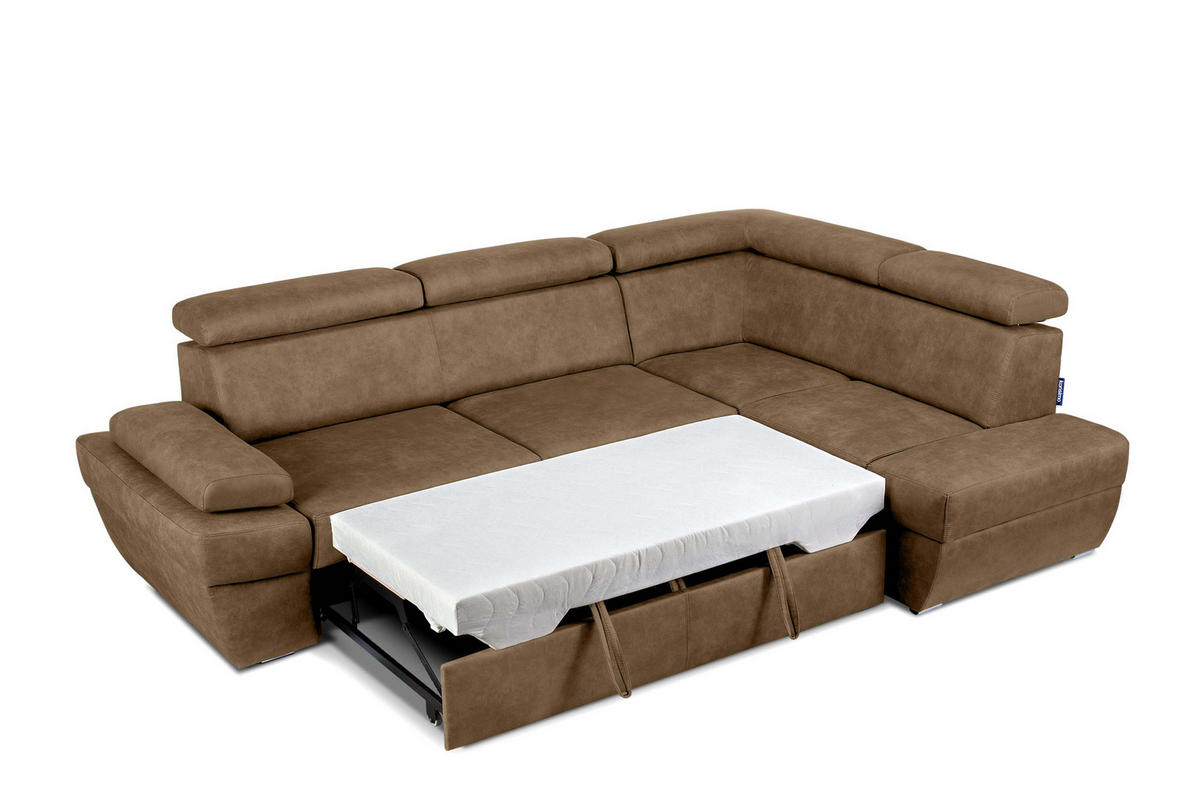 SCHLAFECKSOFA RATLO rechts 4/5-Sitzer mit Bettkasten in Lederoptik, braun - Silberfarben/Braun, Textil (270/190cm) - KONSIMO®