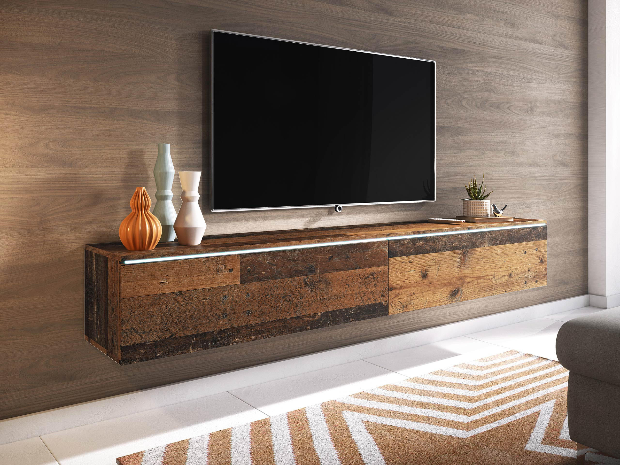 TV-LOWBOARD D180 mit weißer LED Beleuchtung - Silberfarben/Braun, Holzwerkstoff/Kunststoff (180/30/33cm) - MIRJAN24