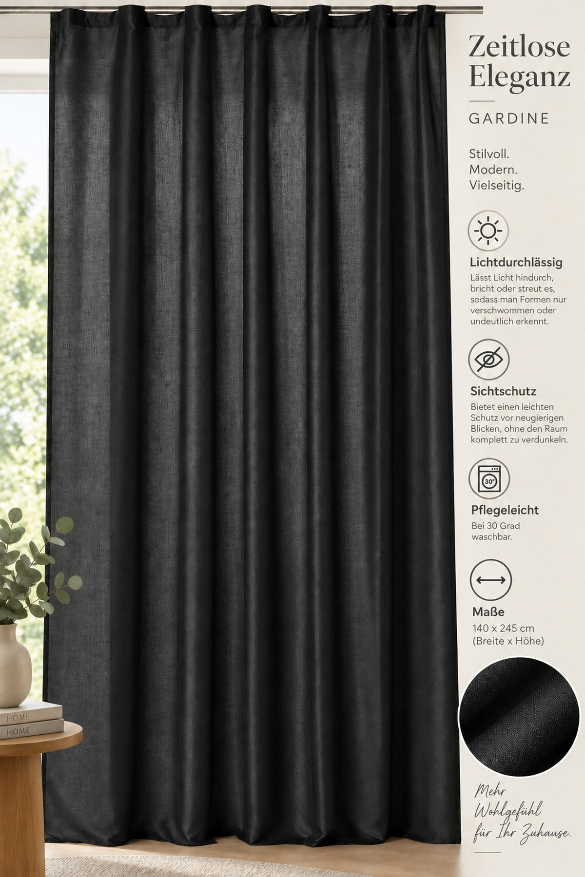 VORHANG Kräuselband 140/245 cm Schwarz Wildseiden Optik - Schwarz, Textil (140/245cm) - TiborTex
