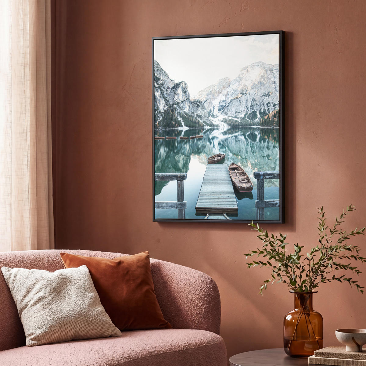 LEINWAND Bilder mit Rahmen - Natur - Berge - Schnee - Wald - Boot - 70x100 - Hellgrün, Textil (70/100cm) - MuchoWow