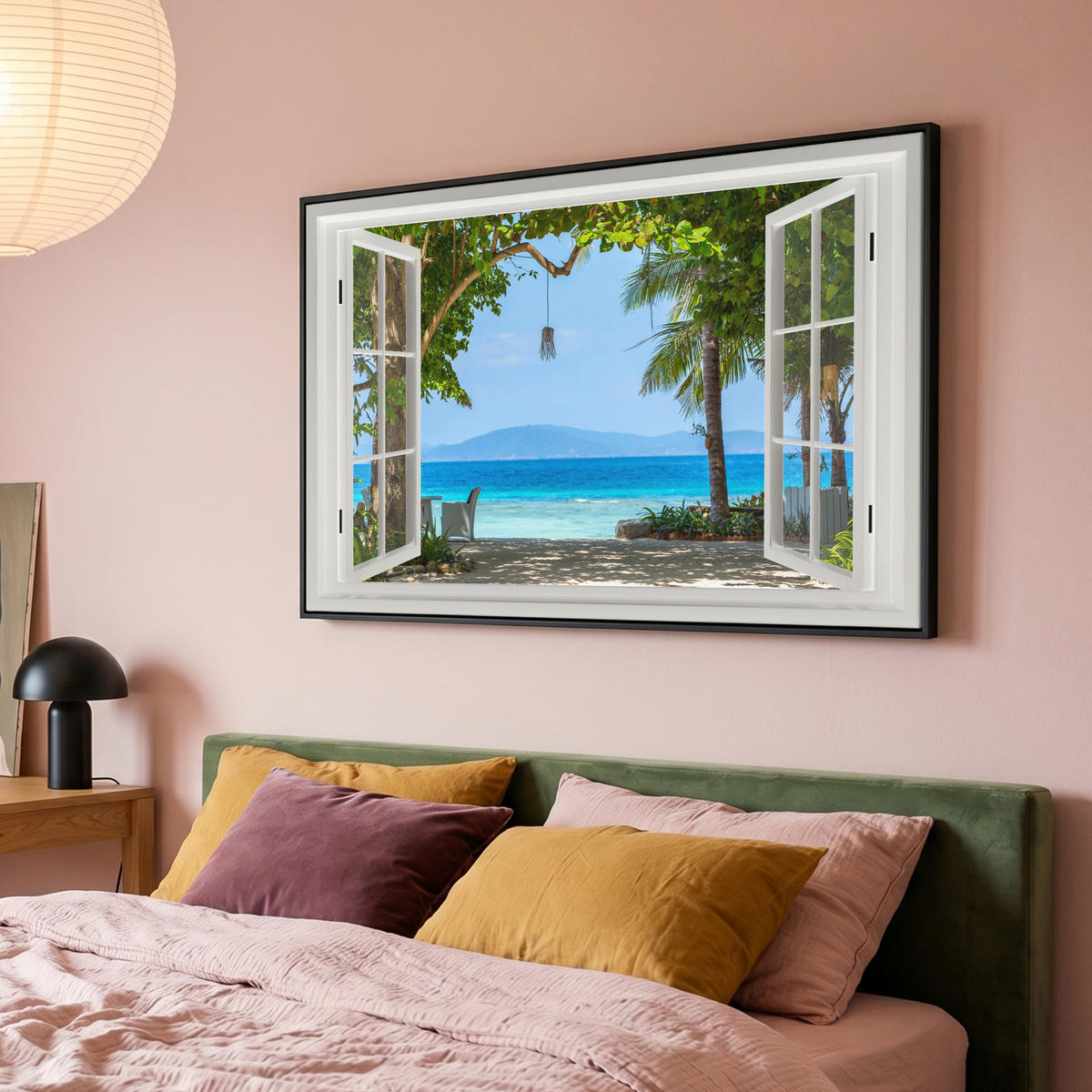 LEINWAND Bilder mit Rahmen - Aussicht - Baum - Meer - Palme - Hügel - Strand - Blau - 120x80 - Blau, Textil (120/80cm) - MuchoWow