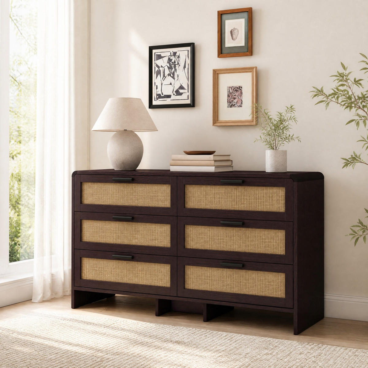 KOMMODE 130 cm in Rotbraun mit 6 Rattanschubladen und abgerundeten Ecken - Braun, Holzwerkstoff (130/74/40cm) - Flora Grace