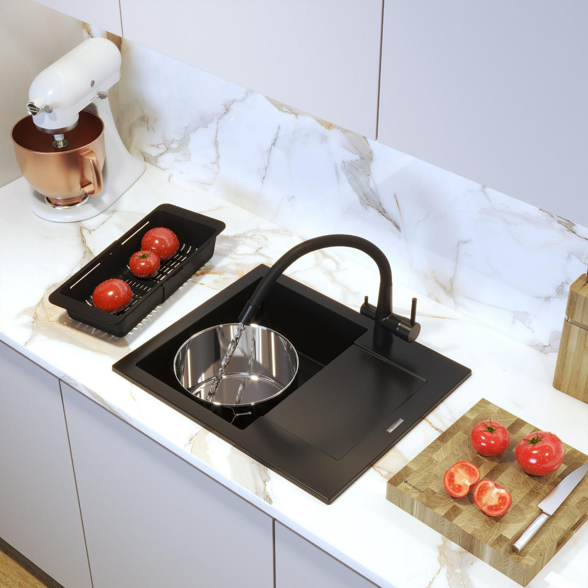 SPÜLBECKEN-SET Bello Schwarz 4-tlg. 570/470 mm Granit 1 Becken 3-Wege-Armatur Siphon - Schwarz, Stein (57/47/20cm) - Granitan