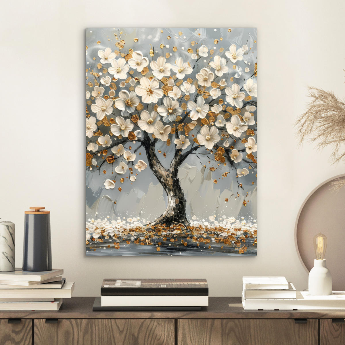 KOVOVÝ OBRAZ Strom - Kvety - Biela - Príroda - Umenie 30x40 cm - biela, kov (30/40cm) - MuchoWow
