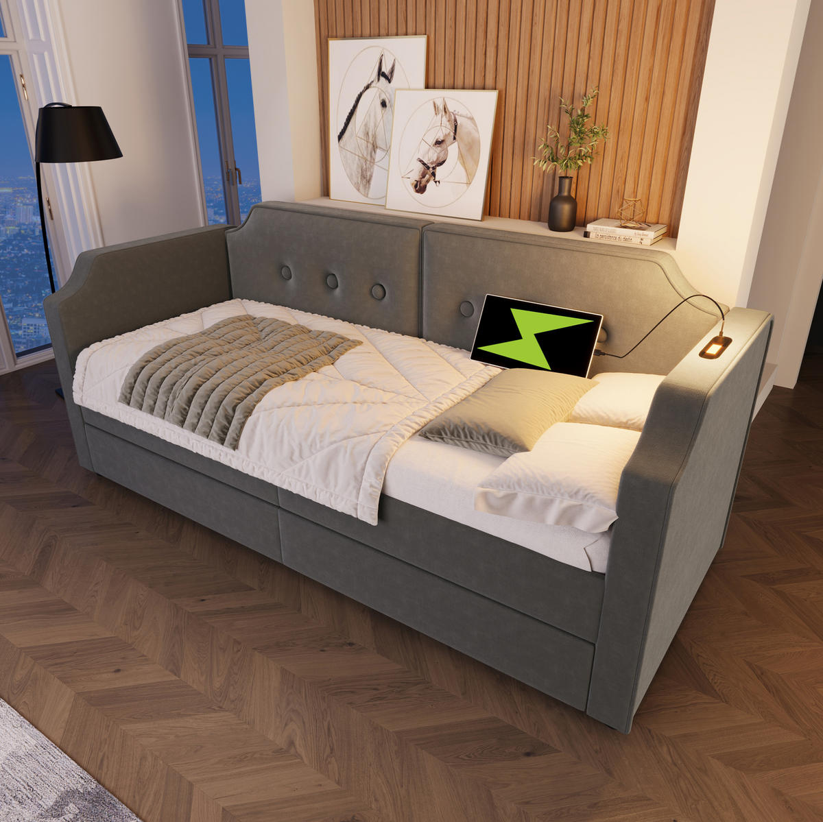 POLSTERBETT 90/200 cm mit 2 Schubladen, USB/Type-C & Leselicht, Samt Grau - Grau, Textil (90/200cm) - Redom